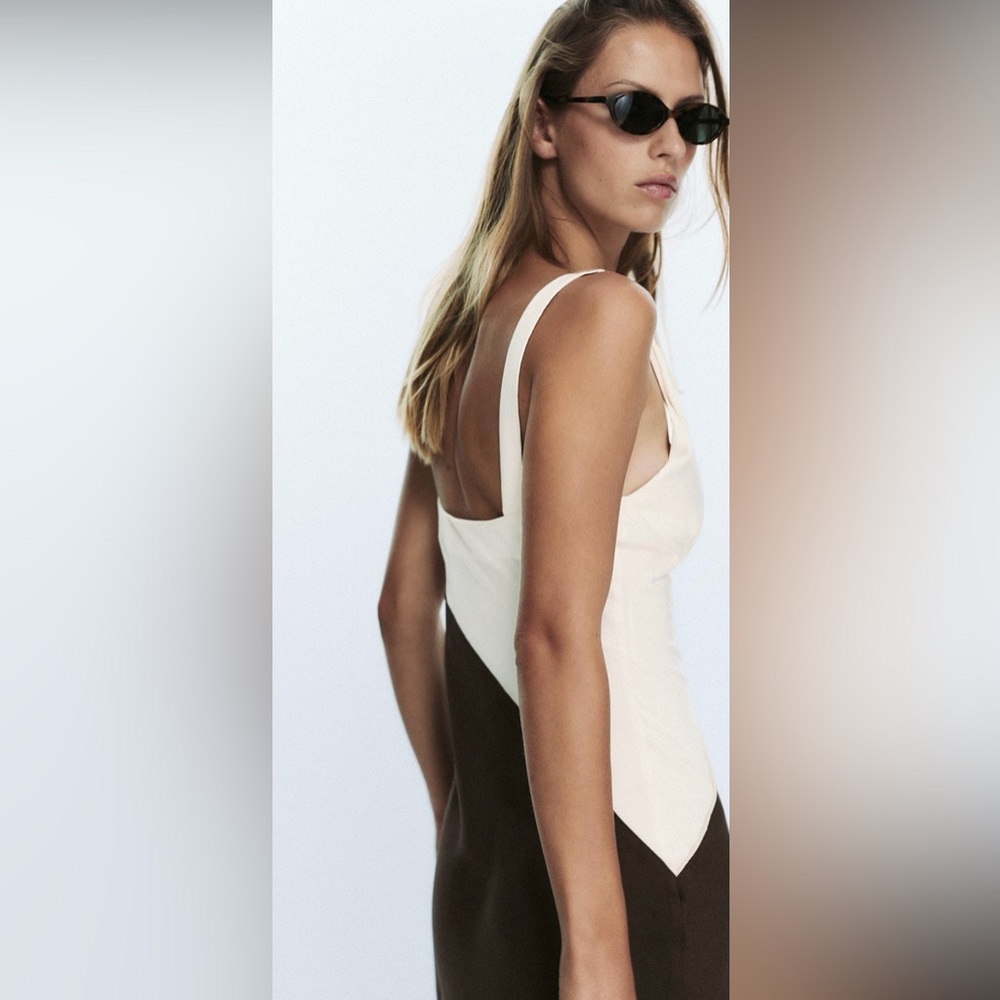 Zara Two-Tone Asymmetrical Slip Dress in Cream and Brown - Picture 3 of 11